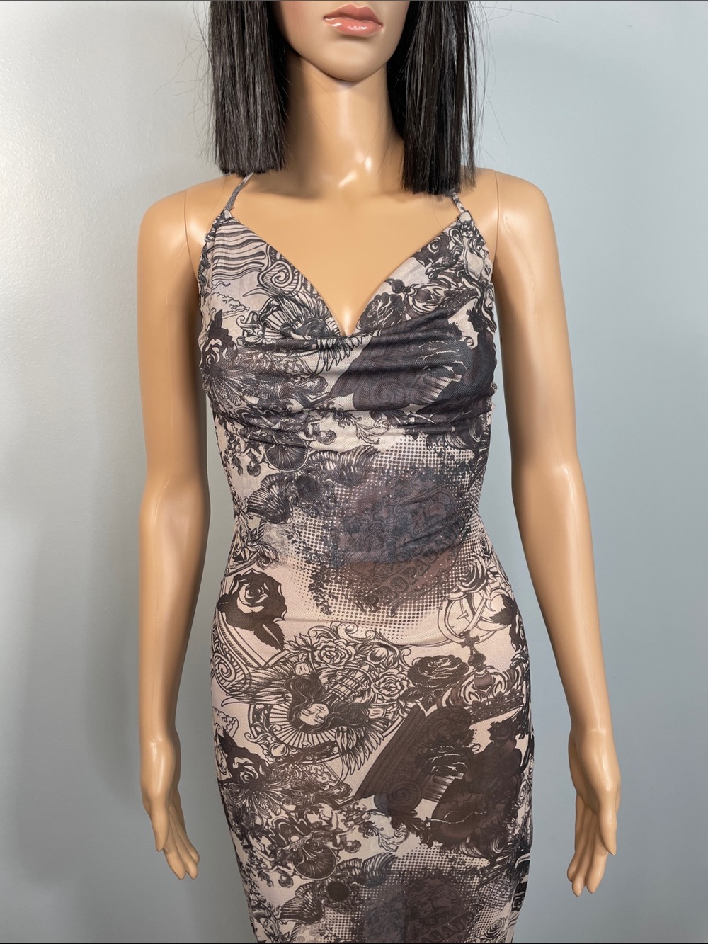 Fashion Nova Brown & Beige Floral Lace-Print Slip Maxi Dress